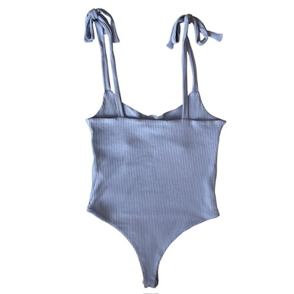 FOREVER 21 Blue Ribbed Bodysuit with Tie-Shoulder Straps - Size Large - Picture 2 of 5